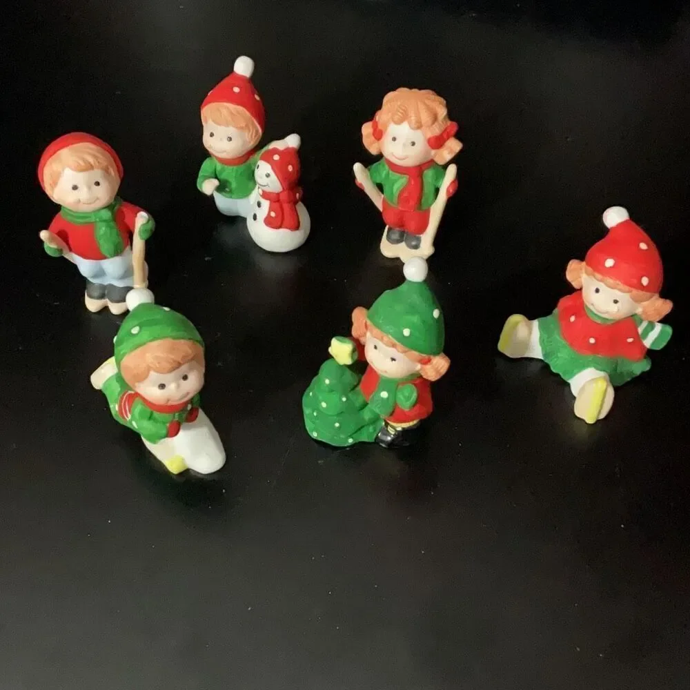 Set of 6 Small Vintage Ceramic Kids Figurines Winter Holiday
